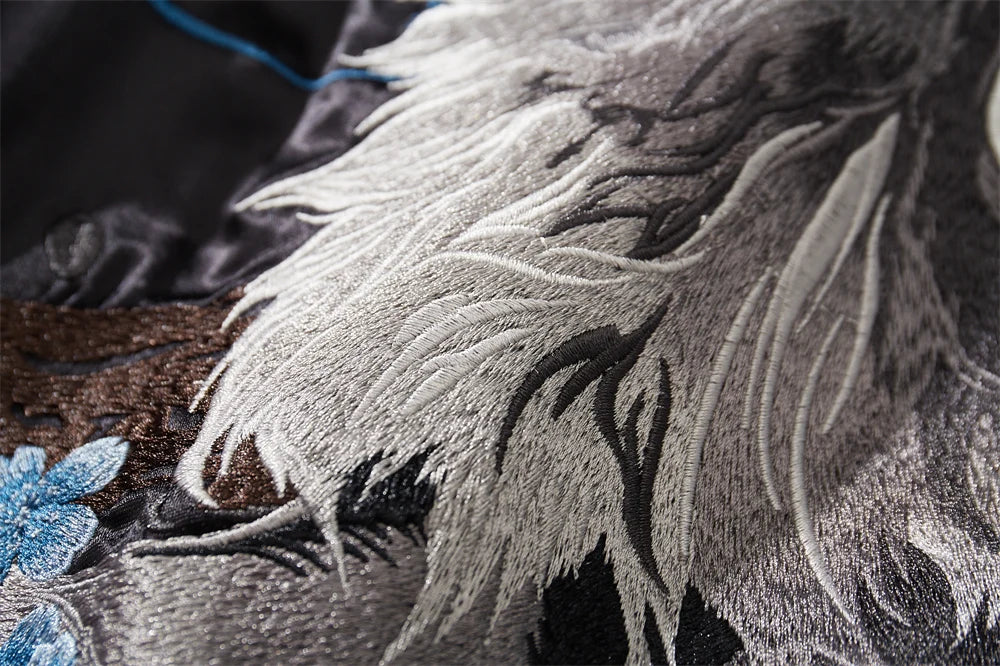 Roaring Spirit Reversible Bomber – Embroidered Mythic Lion & Sakura Jacket.