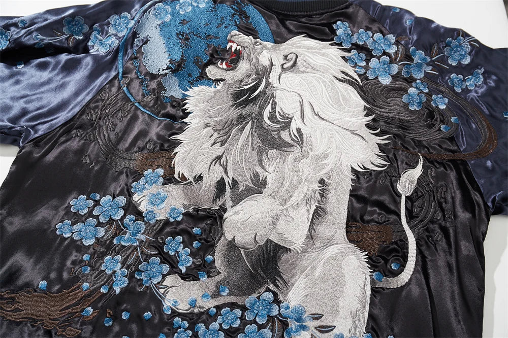 Roaring Spirit Reversible Bomber – Embroidered Mythic Lion & Sakura Jacket.