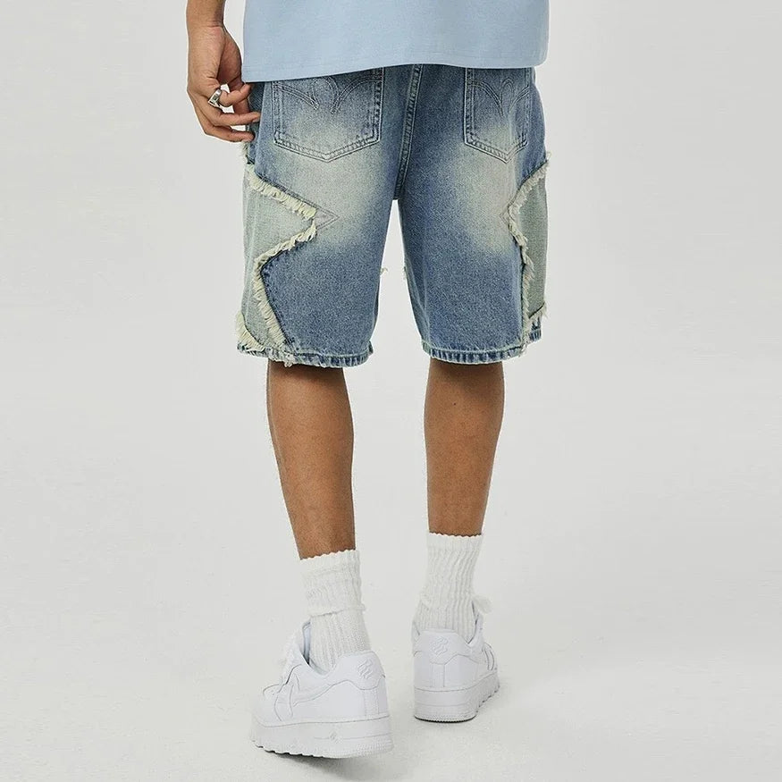 Two-Tone Distressed Denim Shorts.