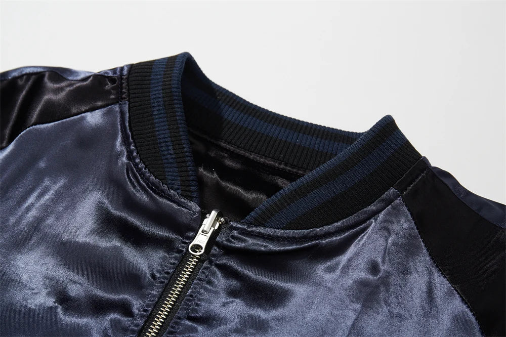 Roaring Spirit Reversible Bomber – Embroidered Mythic Lion & Sakura Jacket.
