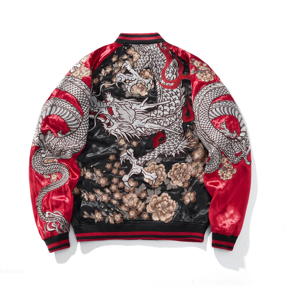 Emperor's Fury – Embroidered Dragon Satin Bomber Jacket.
