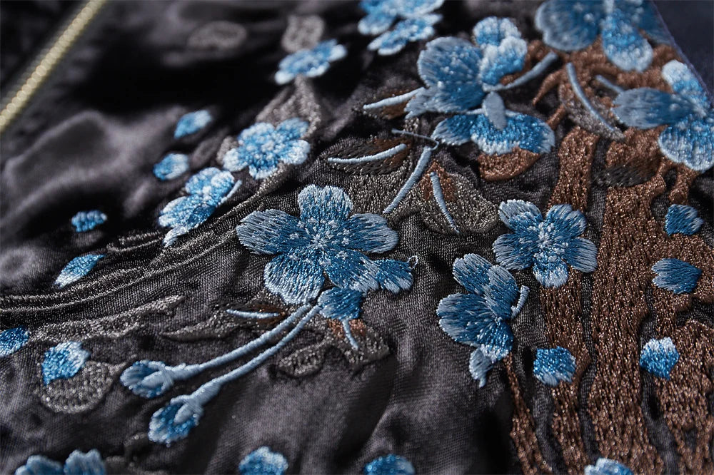 Roaring Spirit Reversible Bomber – Embroidered Mythic Lion & Sakura Jacket.