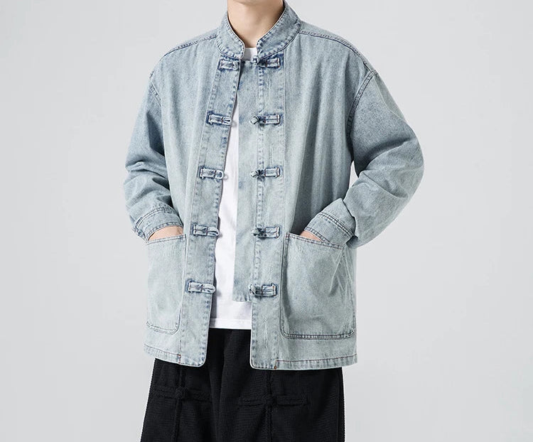 Men's Vintage Chinese Frog Button Denim Jacket.