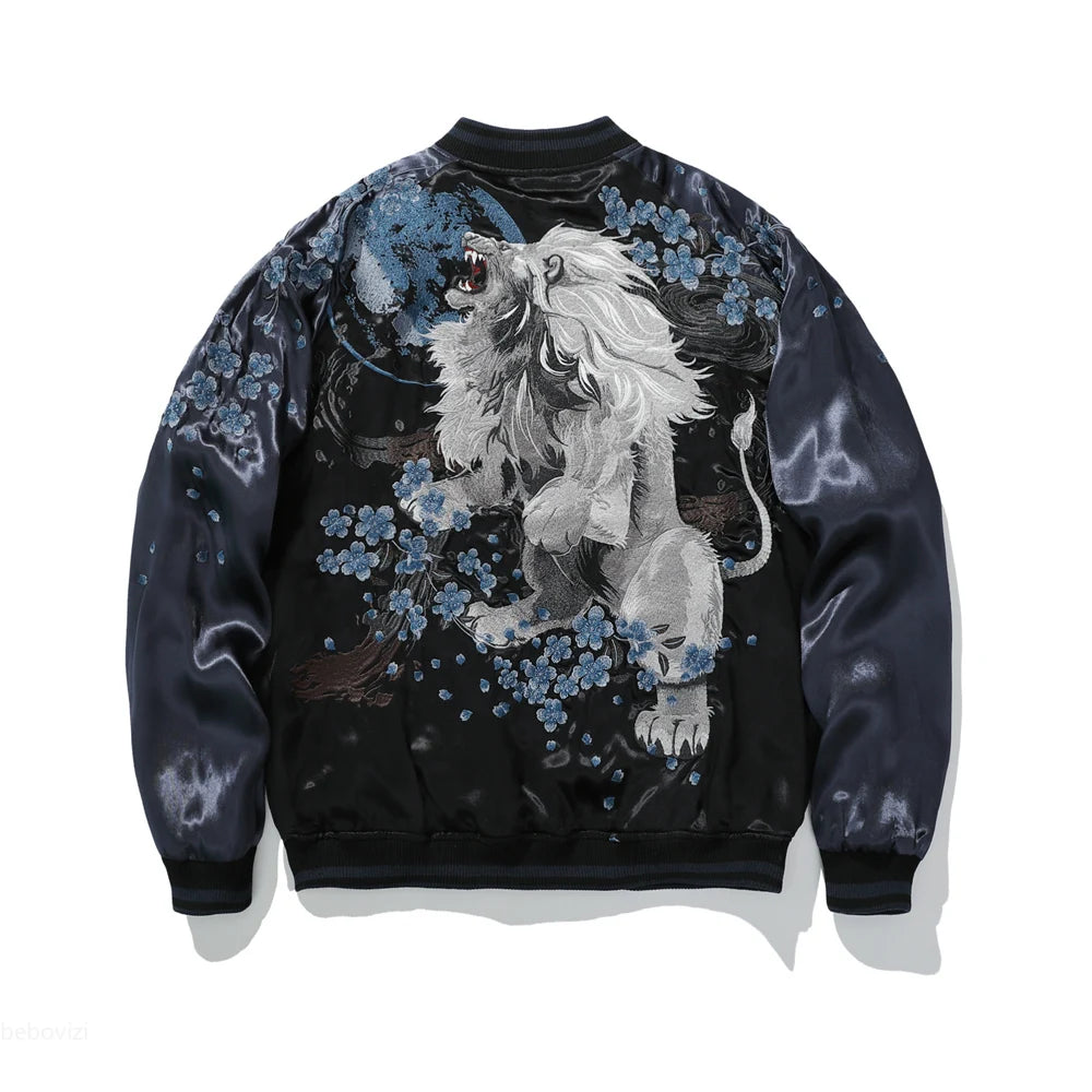 Roaring Spirit Reversible Bomber – Embroidered Mythic Lion & Sakura Jacket.