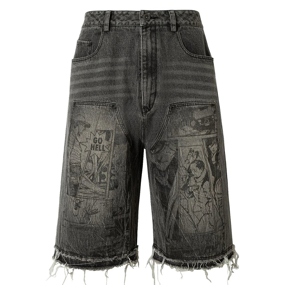 Manga Graphic Distressed Denim shorts.