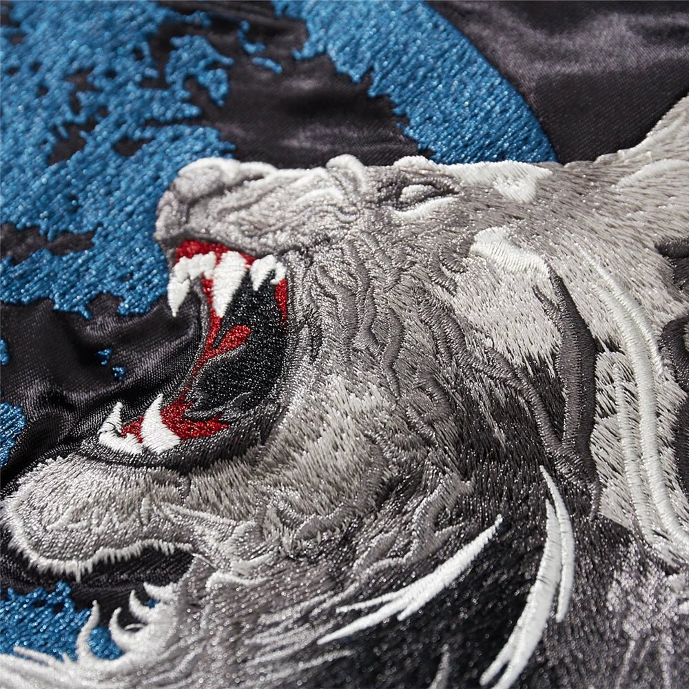 Roaring Spirit Reversible Bomber – Embroidered Mythic Lion & Sakura Jacket.