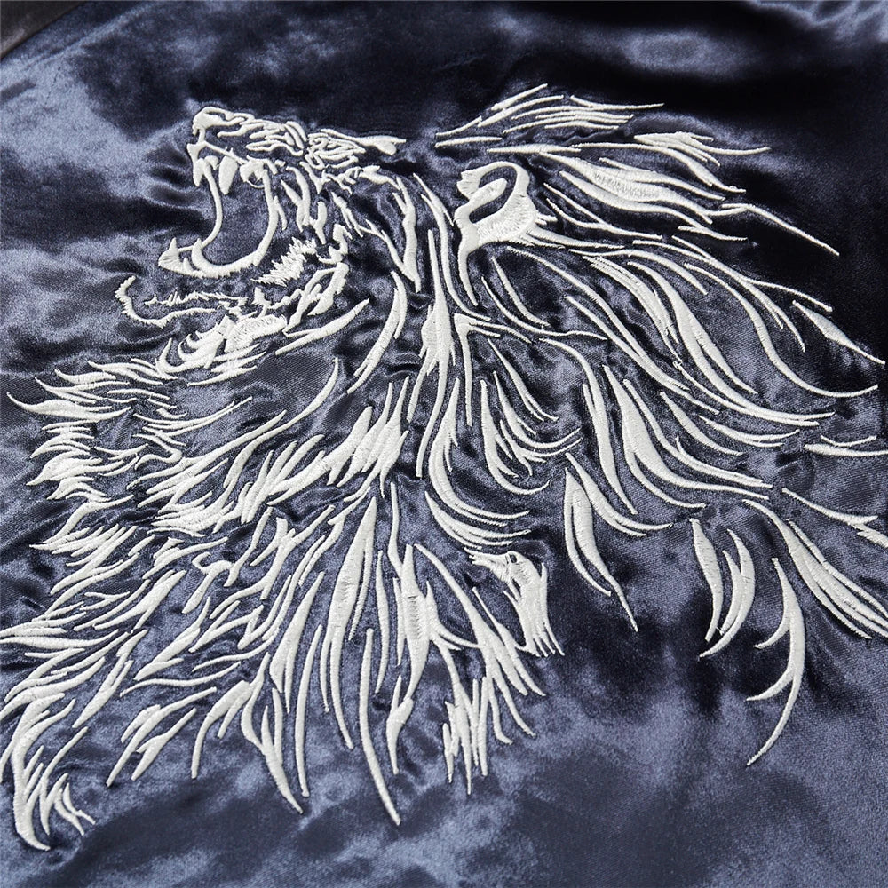 Roaring Spirit Reversible Bomber – Embroidered Mythic Lion & Sakura Jacket.