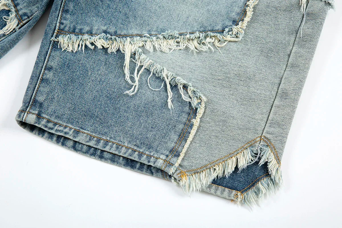 Two-Tone Distressed Denim Shorts.