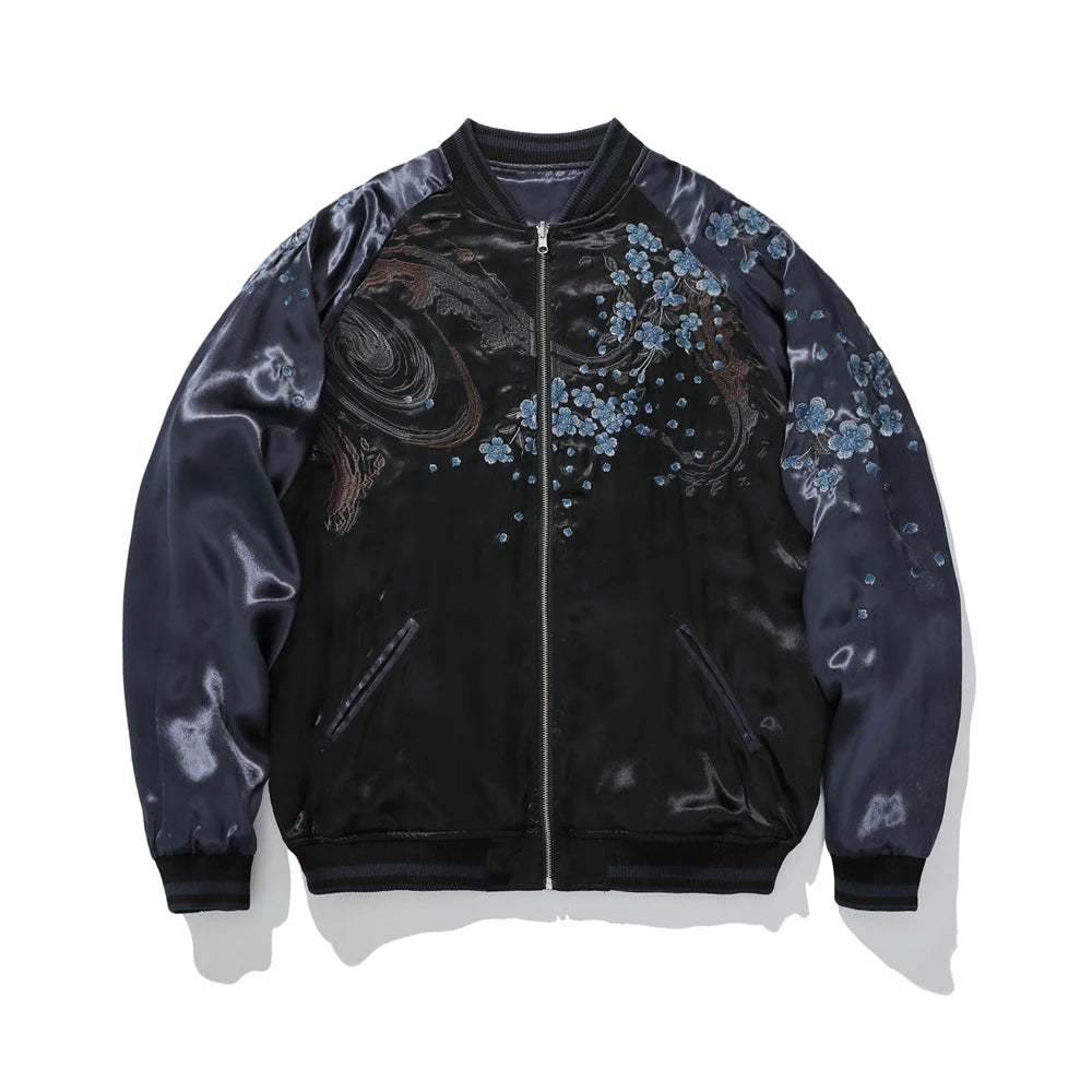 Roaring Spirit Reversible Bomber – Embroidered Mythic Lion & Sakura Jacket.