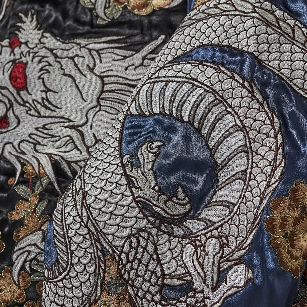 Emperor's Fury – Embroidered Dragon Satin Bomber Jacket.