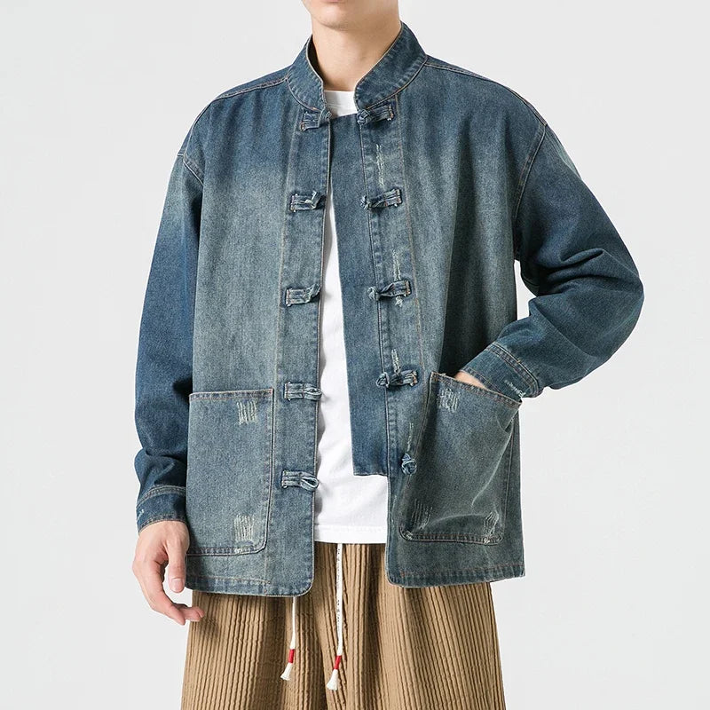 Men's Vintage Chinese Frog Button Denim Jacket.