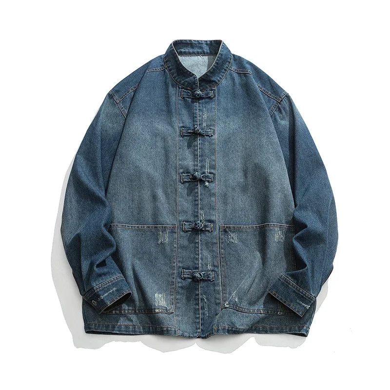 Men's Vintage Chinese Frog Button Denim Jacket.