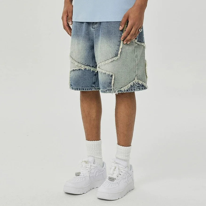 Two-Tone Distressed Denim Shorts.