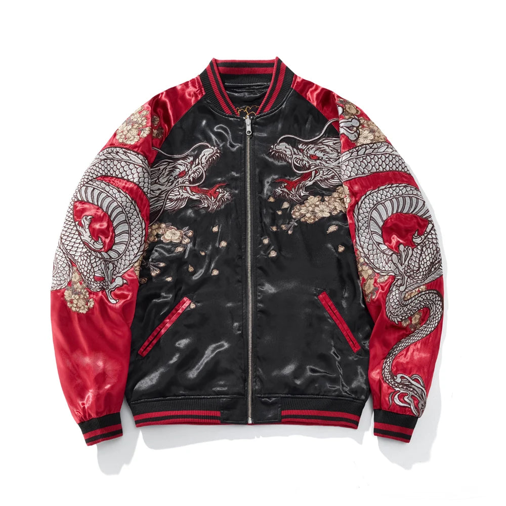 Emperor's Fury – Embroidered Dragon Satin Bomber Jacket.