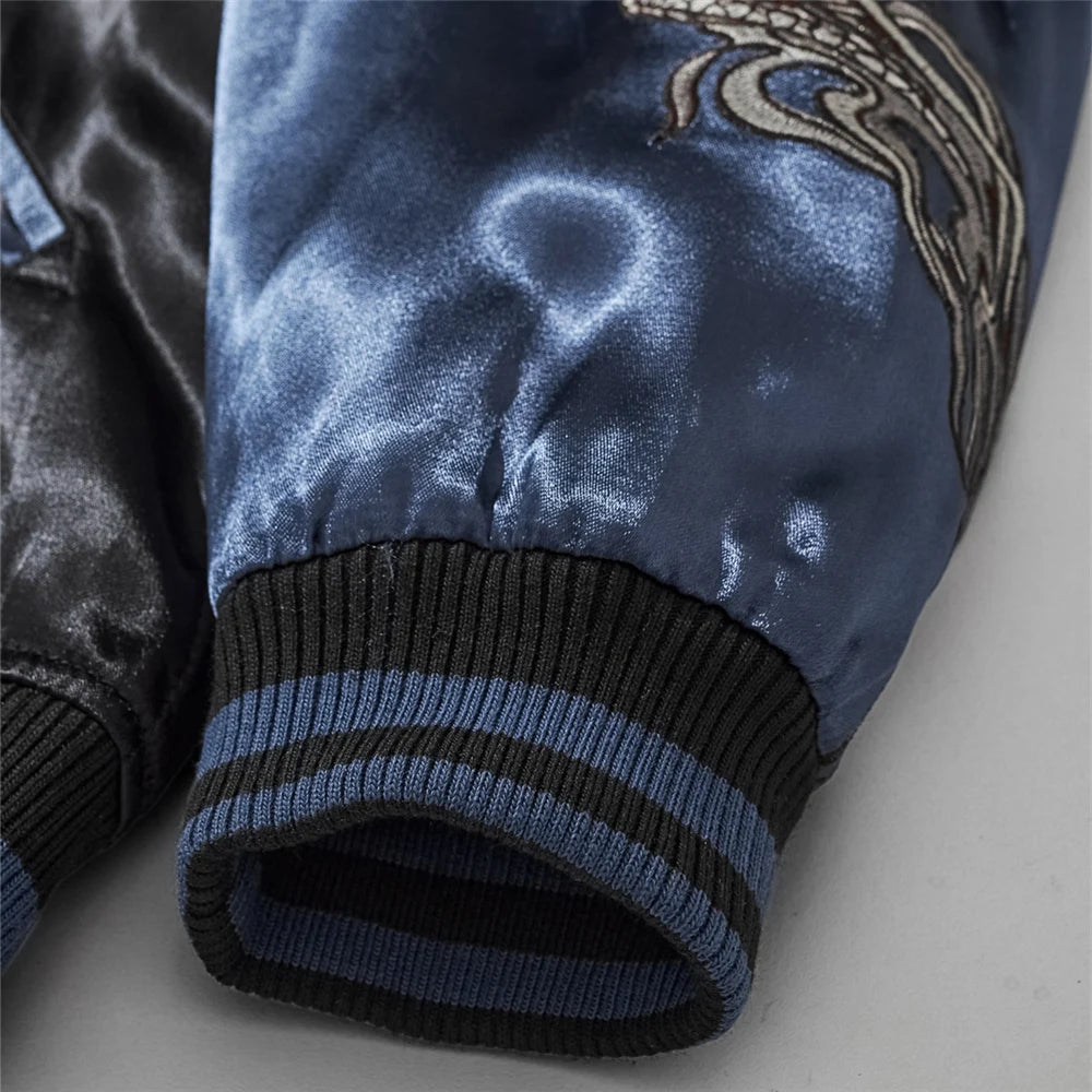 Emperor's Fury – Embroidered Dragon Satin Bomber Jacket.