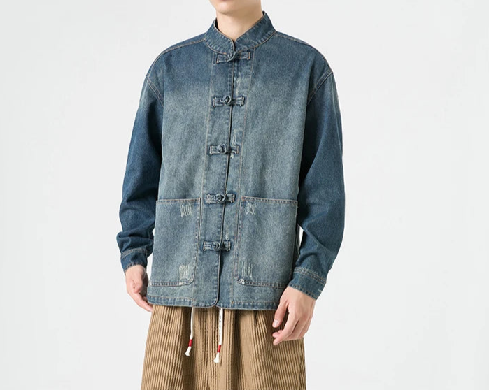 Men's Vintage Chinese Frog Button Denim Jacket.