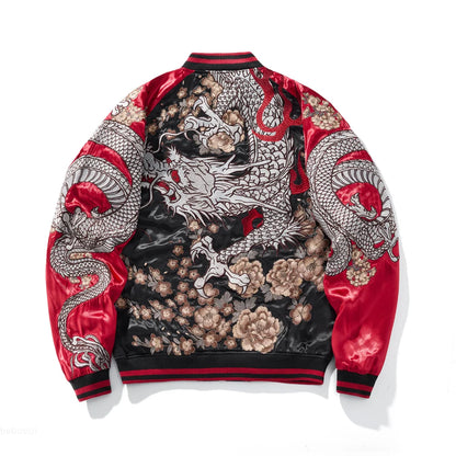 Emperor's Fury – Embroidered Dragon Satin Bomber Jacket.