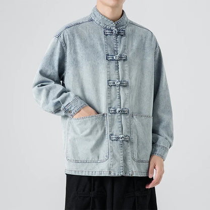 Men's Vintage Chinese Frog Button Denim Jacket.