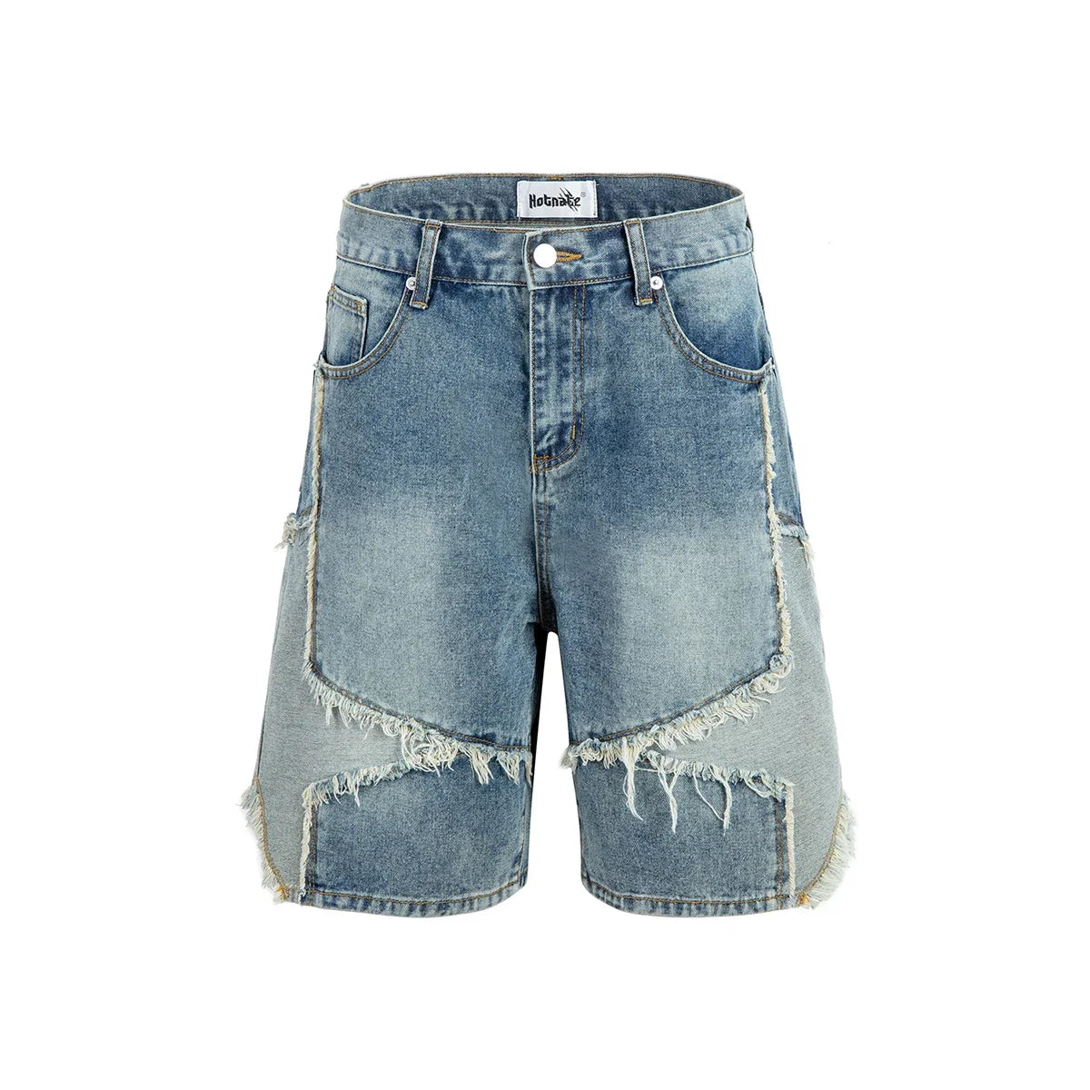 Two-Tone Distressed Denim Shorts.