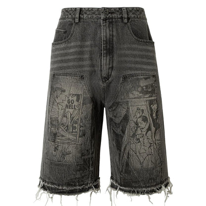Manga Graphic Distressed Denim shorts.