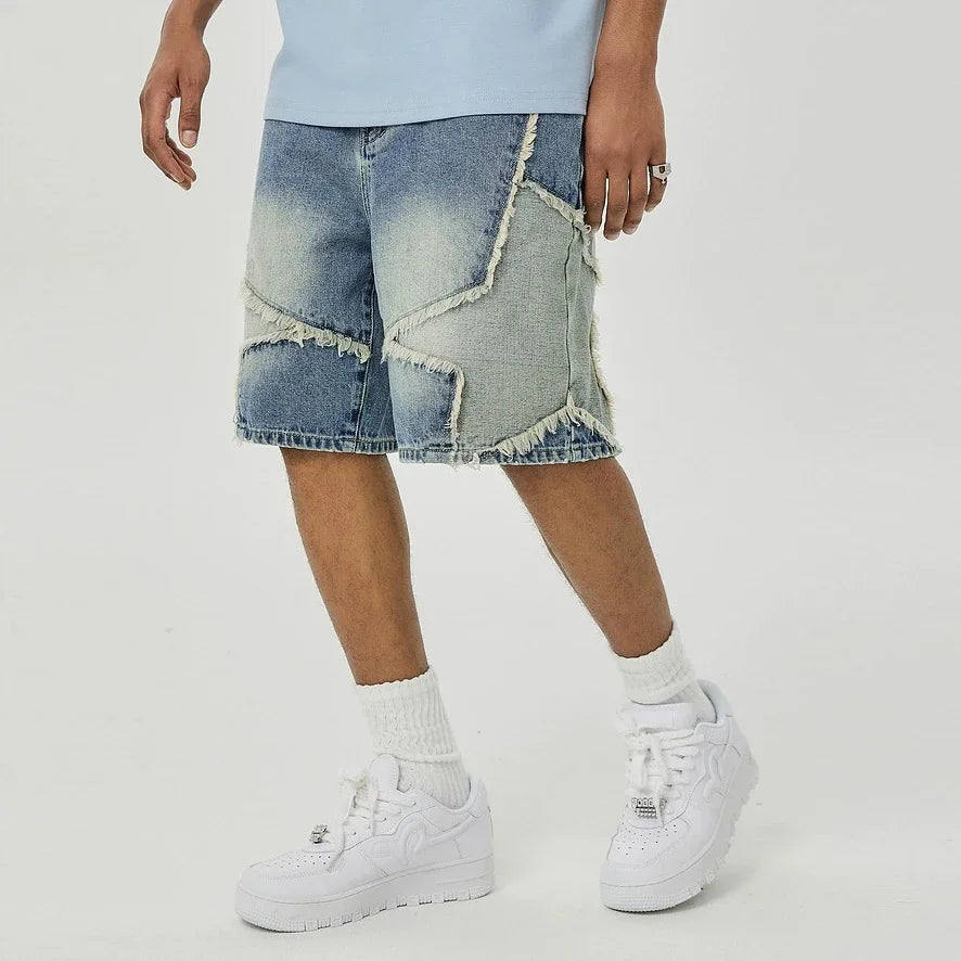 Two-Tone Distressed Denim Shorts.