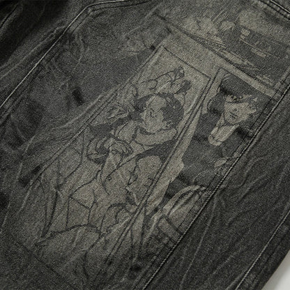 Manga Graphic Distressed Denim shorts.