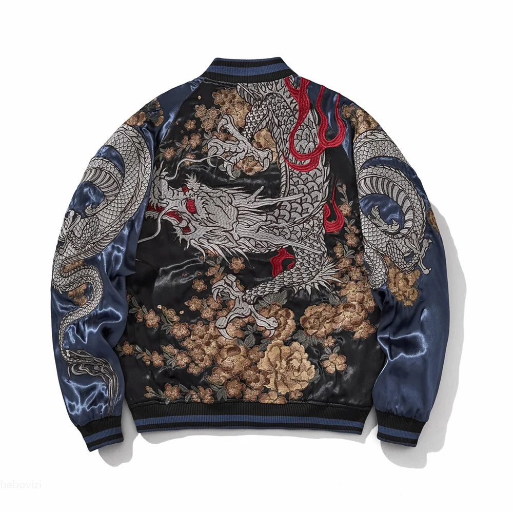 Emperor's Fury – Embroidered Dragon Satin Bomber Jacket.