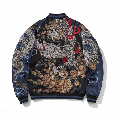 Emperor's Fury – Embroidered Dragon Satin Bomber Jacket.