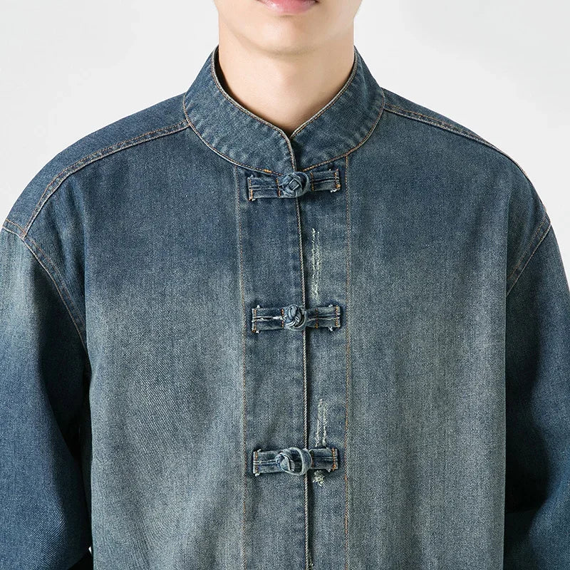 Men's Vintage Chinese Frog Button Denim Jacket.