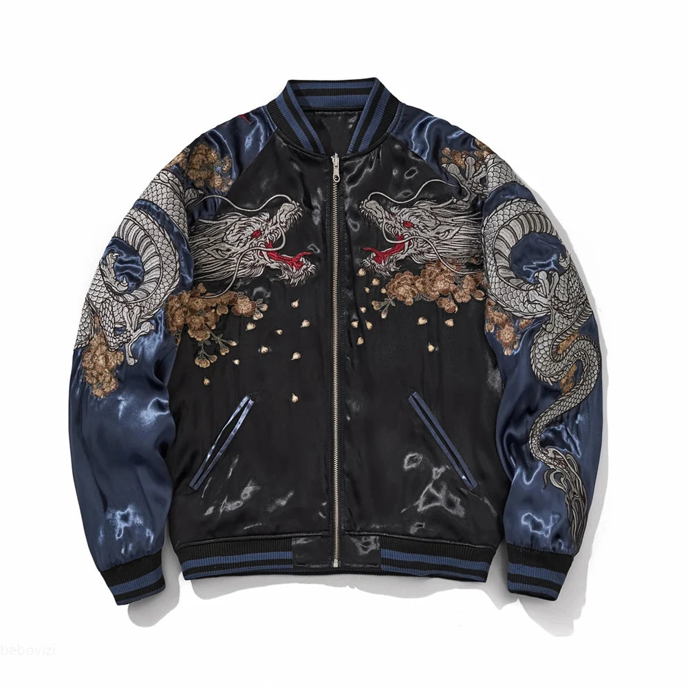 Emperor's Fury – Embroidered Dragon Satin Bomber Jacket.